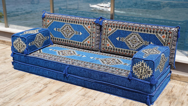 Royal Blue Palace Elegance: Single Floor Sofa – Arabic Floor Seating Sofa – Traditional Arabic Majlis – Custom Floor Cushion