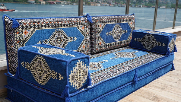 Royal Blue Palace Elegance: Single Floor Sofa – Arabic Floor Seating Sofa – Traditional Arabic Majlis – Custom Floor Cushion