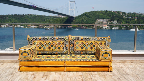 Yellow Chile Sunset: Single Floor Sofa – Arabic Majlis Floor Cushion – Turkish Floor Sofa – Reading Nook Floor Seating