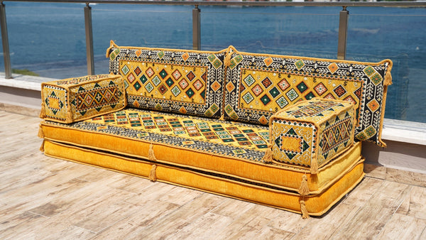 Yellow Chile Sunset: Single Floor Sofa – Arabic Majlis Floor Cushion – Turkish Floor Sofa – Reading Nook Floor Seating
