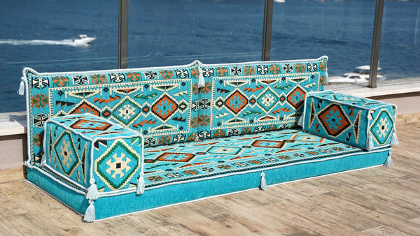 Turquoise Anatolian Hearth: Single Floor Sofa – Arabic Floor Sofa – Oriental Cushion Set – Authentic Arabic Majlis
