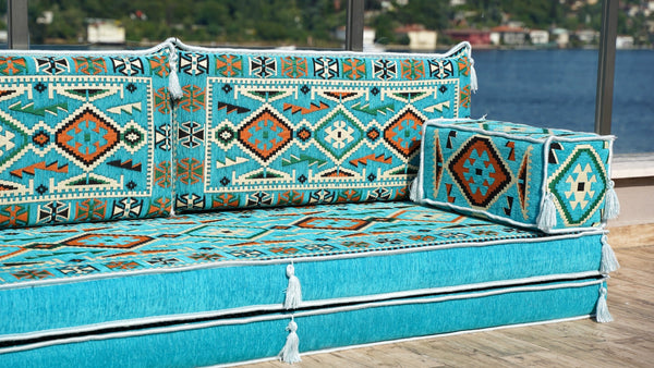 Turquoise Anatolian Hearth: Single Floor Sofa – Arabic Floor Sofa – Oriental Cushion Set – Authentic Arabic Majlis