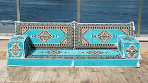 Turquoise Palace Elegance: Single Floor Sofa – Arabic Floor Sofa – Oriental Cushion Set – Bohemian Arabic Majlis