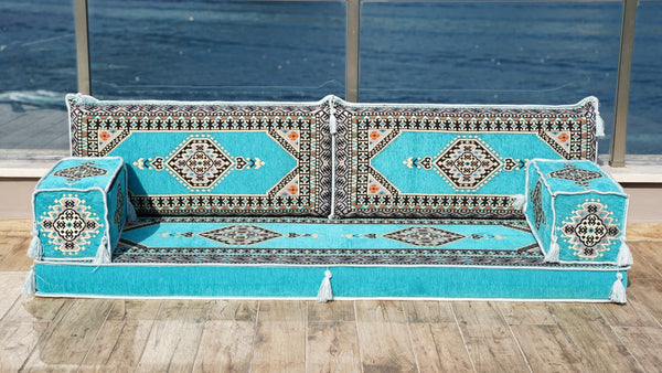 Turquoise Palace Elegance: Single Floor Sofa – Arabic Floor Sofa – Oriental Cushion Set – Bohemian Arabic Majlis