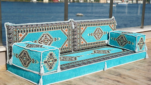 Turquoise Palace Elegance: Single Floor Sofa – Arabic Floor Sofa – Oriental Cushion Set – Bohemian Arabic Majlis