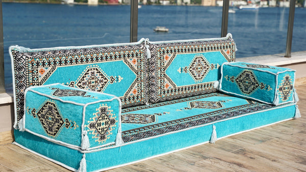 Turquoise Palace Elegance: Single Floor Sofa – Arabic Floor Sofa – Oriental Cushion Set – Bohemian Arabic Majlis