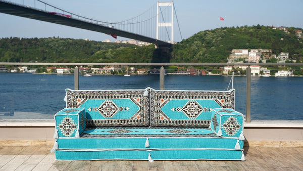 Turquoise Palace Elegance: Single Floor Sofa – Arabic Floor Sofa – Oriental Cushion Set – Bohemian Arabic Majlis