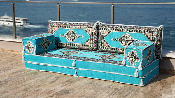 Turquoise Palace Elegance: Single Floor Sofa – Arabic Floor Sofa – Oriental Cushion Set – Bohemian Arabic Majlis