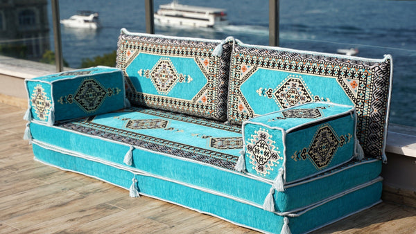 Turquoise Palace Elegance: Single Floor Sofa – Arabic Floor Sofa – Oriental Cushion Set – Bohemian Arabic Majlis