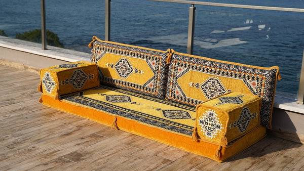 Yellow Palace Elegance: Single Floor Sofa – Arabic Majlis – Floor Cushion Couch – Turkish Floor Seating Sofa