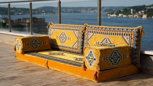 Yellow Palace Elegance: Single Floor Sofa – Arabic Majlis – Floor Cushion Couch – Turkish Floor Seating Sofa