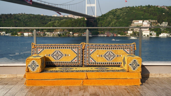 Yellow Palace Elegance: Single Floor Sofa – Arabic Majlis – Floor Cushion Couch – Turkish Floor Seating Sofa