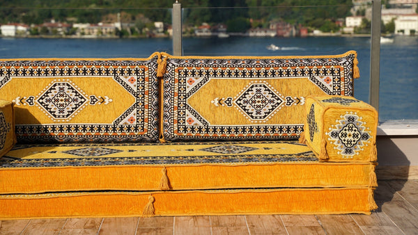 Yellow Palace Elegance: Single Floor Sofa – Arabic Majlis – Floor Cushion Couch – Turkish Floor Seating Sofa