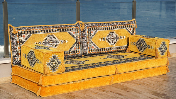Yellow Palace Elegance: Single Floor Sofa – Arabic Majlis – Floor Cushion Couch – Turkish Floor Seating Sofa