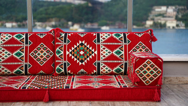 Red Timeless Kilim: Single Floor Sofa – Arabic Floor Sofa – Oriental Floor Seating – Bohemian Floor Cushion