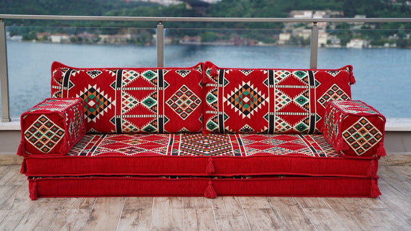 Red Timeless Kilim: Single Floor Sofa – Arabic Floor Sofa – Oriental Floor Seating – Bohemian Floor Cushion
