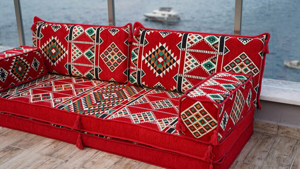 Red Timeless Kilim: Single Floor Sofa – Arabic Floor Sofa – Oriental Floor Seating – Bohemian Floor Cushion