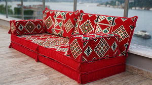 Red Timeless Kilim: Single Floor Sofa – Arabic Floor Sofa – Oriental Floor Seating – Bohemian Floor Cushion