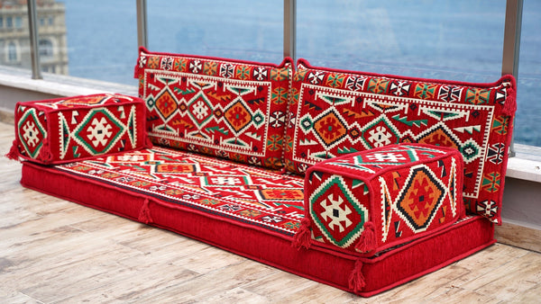 Red Anatolian Hearth: Single Floor Sofa – Custom Arabic Sofa – Oriental Floor Seating – Bohemian Floor Cushion
