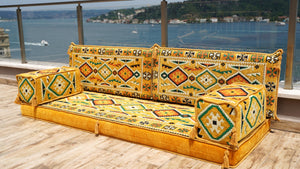 Yellow Anatolian Hearth: Single Floor Sofa – Handmade Arabic Diwan Cushions – Turkish Boho Couch – Ottoman Modular Seating
