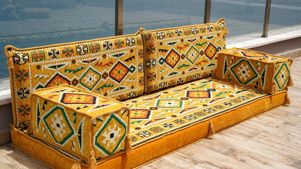 Yellow Anatolian Hearth: Single Floor Sofa – Handmade Arabic Diwan Cushions – Turkish Boho Couch – Ottoman Modular Seating