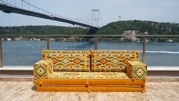 Yellow Anatolian Hearth: Single Floor Sofa – Handmade Arabic Diwan Cushions – Turkish Boho Couch – Ottoman Modular Seating