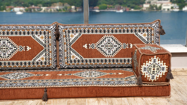 Brown Palace Elegance: Single Floor Sofa – Arabic Floor Couch – Window Seat Cushion – Washable Floor Sofa With Backrest