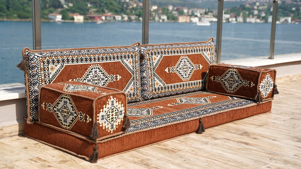 Brown Palace Elegance: Single Floor Sofa – Arabic Floor Couch – Window Seat Cushion – Washable Floor Sofa With Backrest
