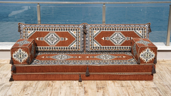 Brown Palace Elegance: Single Floor Sofa – Arabic Floor Couch – Window Seat Cushion – Washable Floor Sofa With Backrest