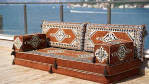Brown Palace Elegance: Single Floor Sofa – Arabic Floor Couch – Window Seat Cushion – Washable Floor Sofa With Backrest