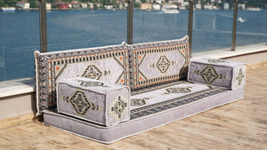 Gray Palace Elegance: Single Floor Sofa – Arabic Floor Seating – Ottoman Floor Seating – Boho Living Room Seating
