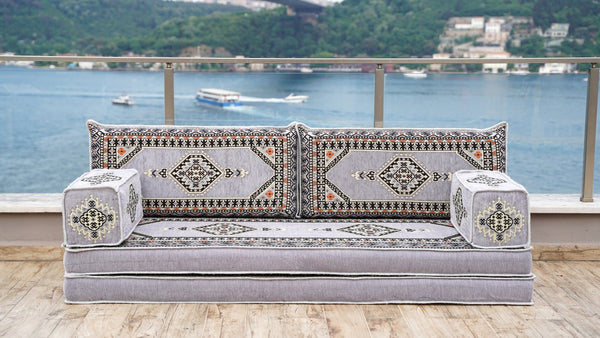 Gray Palace Elegance: Single Floor Sofa – Arabic Floor Seating – Ottoman Floor Seating – Boho Living Room Seating