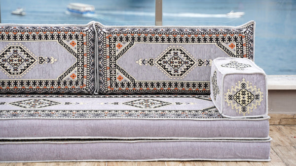 Gray Palace Elegance: Single Floor Sofa – Arabic Floor Seating – Ottoman Floor Seating – Boho Living Room Seating