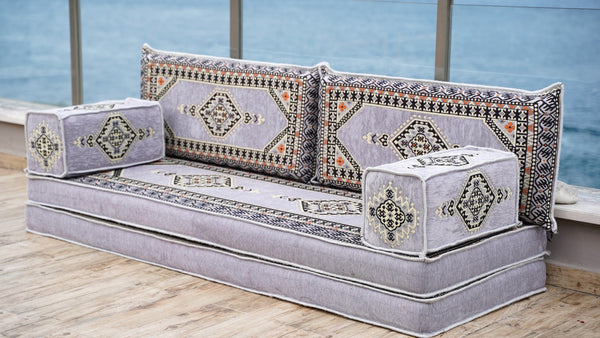 Gray Palace Elegance: Single Floor Sofa – Arabic Floor Seating – Ottoman Floor Seating – Boho Living Room Seating