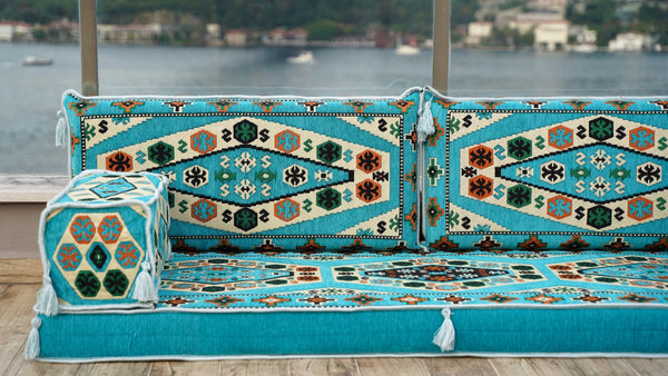 Turquoise Yoruk Weave: Single Floor Sofa – Arabic Majlis Sofa – Oriental Cushion Set – Authentic Arabic Sofa