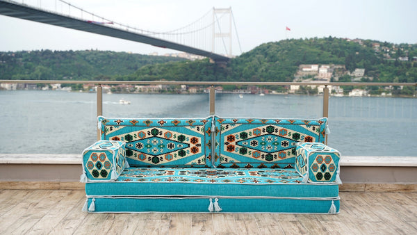 Turquoise Yoruk Weave: Single Floor Sofa – Arabic Majlis Sofa – Oriental Cushion Set – Authentic Arabic Sofa