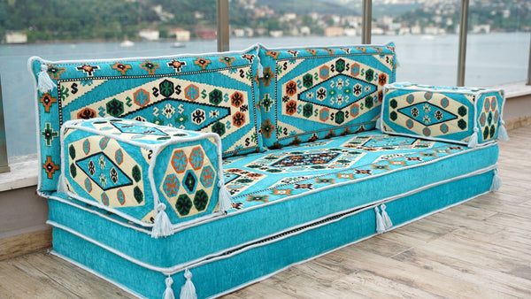 Turquoise Yoruk Weave: Single Floor Sofa – Arabic Majlis Sofa – Oriental Cushion Set – Authentic Arabic Sofa
