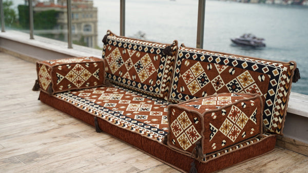 Brown Urgup Mystic: Single Floor Sofa – Arabic Floor Couch – Window Seat Cushion – Washable Floor Sofa With Backrest