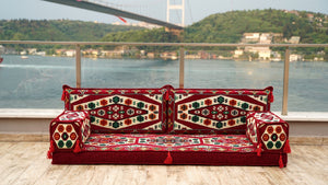 Maroon Yoruk Weave: Single Floor Sofa – Handmade Arabic Diwan Cushions – Kilim Bohemian Couch – Middle Eastern Boho Seating