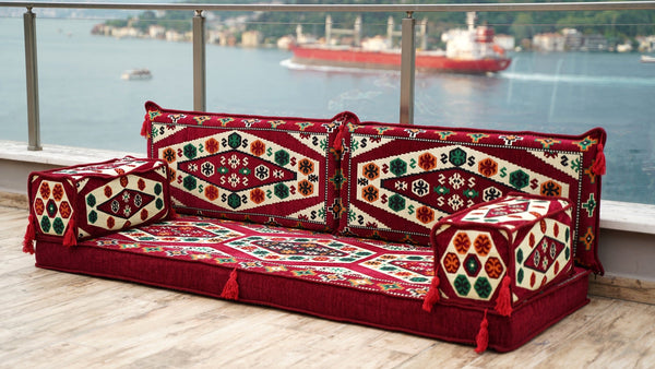 Maroon Yoruk Weave: Single Floor Sofa – Handmade Arabic Diwan Cushions – Kilim Bohemian Couch – Middle Eastern Boho Seating