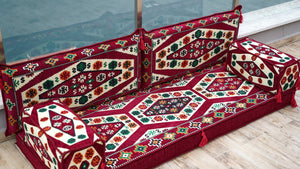 Maroon Yoruk Weave: Single Floor Sofa – Handmade Arabic Diwan Cushions – Kilim Bohemian Couch – Middle Eastern Boho Seating