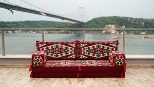 Maroon Yoruk Weave: Single Floor Sofa – Handmade Arabic Diwan Cushions – Kilim Bohemian Couch – Middle Eastern Boho Seating