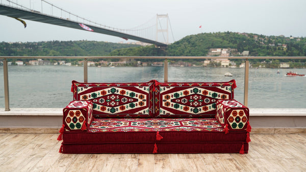 Maroon Yoruk Weave: Single Floor Sofa – Handmade Arabic Diwan Cushions – Kilim Bohemian Couch – Middle Eastern Boho Seating