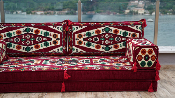 Maroon Yoruk Weave: Single Floor Sofa – Handmade Arabic Diwan Cushions – Kilim Bohemian Couch – Middle Eastern Boho Seating