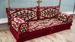 Maroon Yoruk Weave: Single Floor Sofa – Handmade Arabic Diwan Cushions – Kilim Bohemian Couch – Middle Eastern Boho Seating