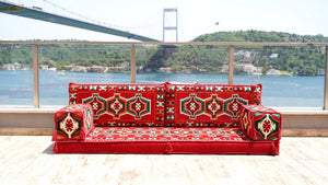 Red Caucasian Summit: Single Floor Sofa – Handmade Heritage Diwan Couch – Oriental Boho Seating – Bohemian Modular Cushions
