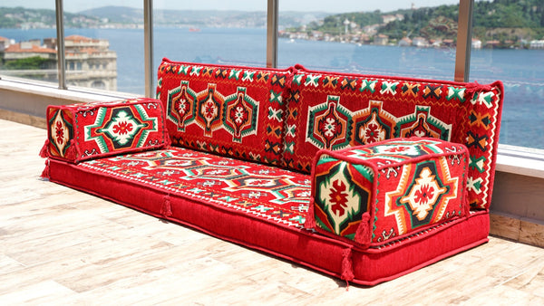 Red Caucasian Summit: Single Floor Sofa – Handmade Heritage Diwan Couch – Oriental Boho Seating – Bohemian Modular Cushions
