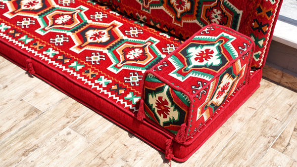 Red Caucasian Summit: Single Floor Sofa – Handmade Heritage Diwan Couch – Oriental Boho Seating – Bohemian Modular Cushions