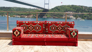 Red Caucasian Summit: Single Floor Sofa – Handmade Heritage Diwan Couch – Oriental Boho Seating – Bohemian Modular Cushions