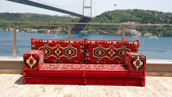 Red Caucasian Summit: Single Floor Sofa – Handmade Heritage Diwan Couch – Oriental Boho Seating – Bohemian Modular Cushions